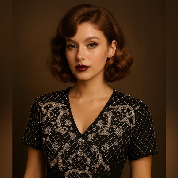 Vintage 100% SILK Denise Elle black white sequin dress floral - Picture 9 of 9